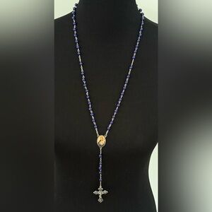Blue Bead Religious Rosary Necklace with Medal - Saint Anthony